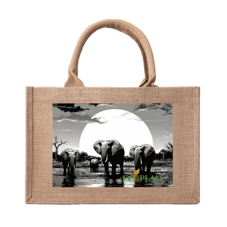 Natural Fiber Jute Tote Bag Elephant Sunset