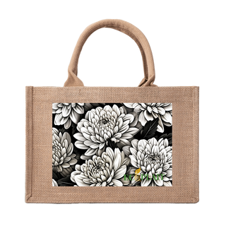 Natural Fiber Jute Tote Bag White Chrysanthemum