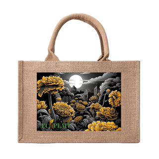 Natural Fiber Jute Tote Bag Chrysanthemum Moonlit