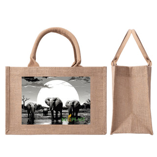 Natural Fiber Jute Tote Bag Elephant Sunset