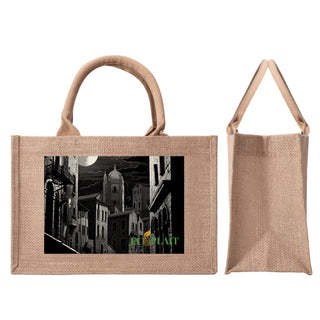 Natural Fiber Jute Tote Bag Moonlit Cityscape