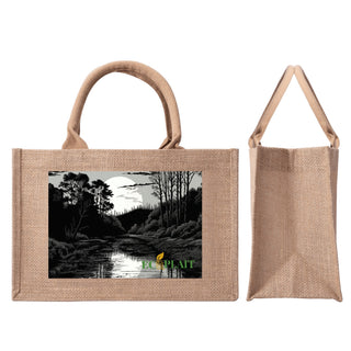 Natural Fiber Jute Tote Bag Serene Forest Lake