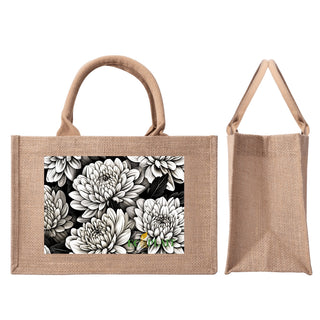 Natural Fiber Jute Tote Bag White Chrysanthemum